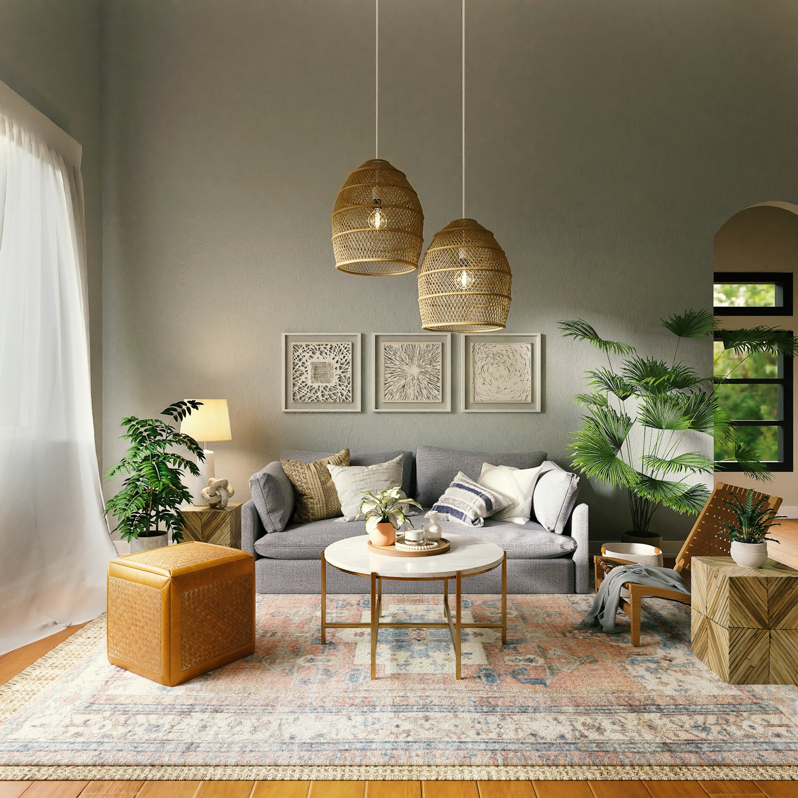 A living room warmed by ambient pendant lighting, controlled by a Halo switch